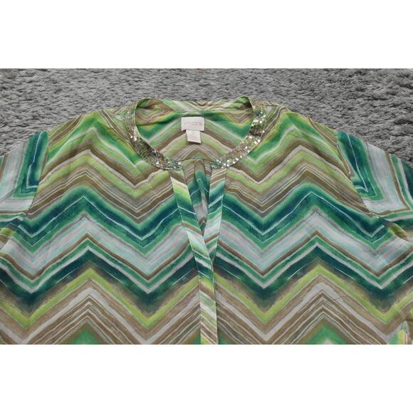 Chico's Size 3 Green Polyester Blouse V Neck 3/4 Sleeve Geometric - Picture 7 of 9